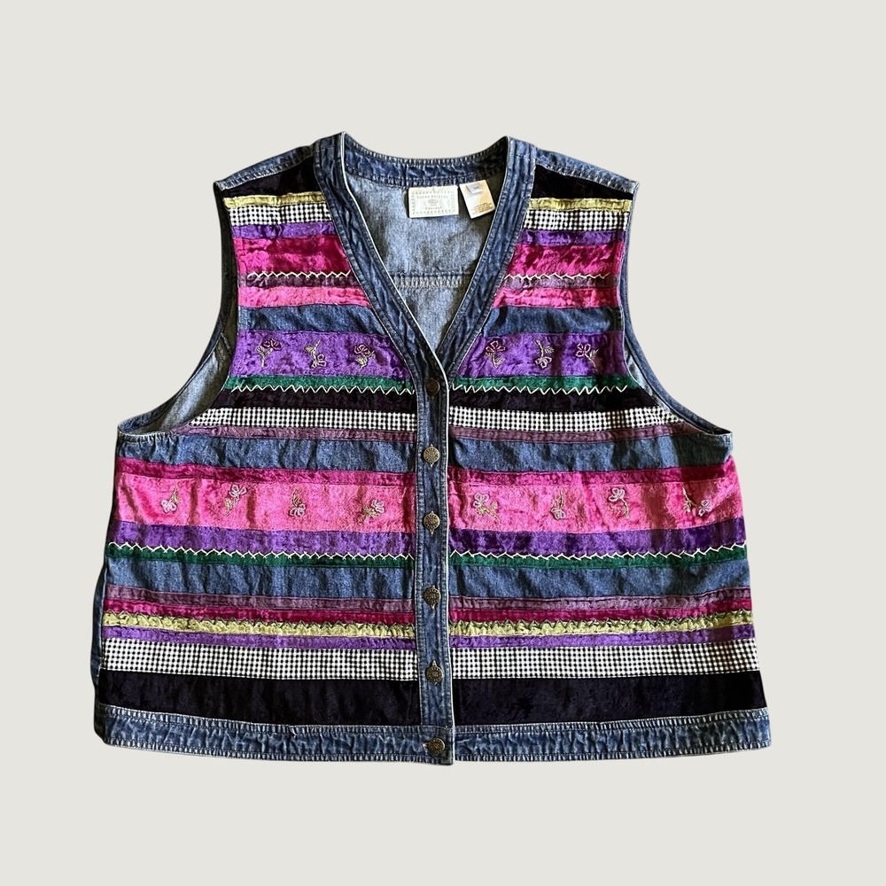 Susan Bristol Vest Womens 3W Multicolor Denim Embroidered Floral Boho Striped